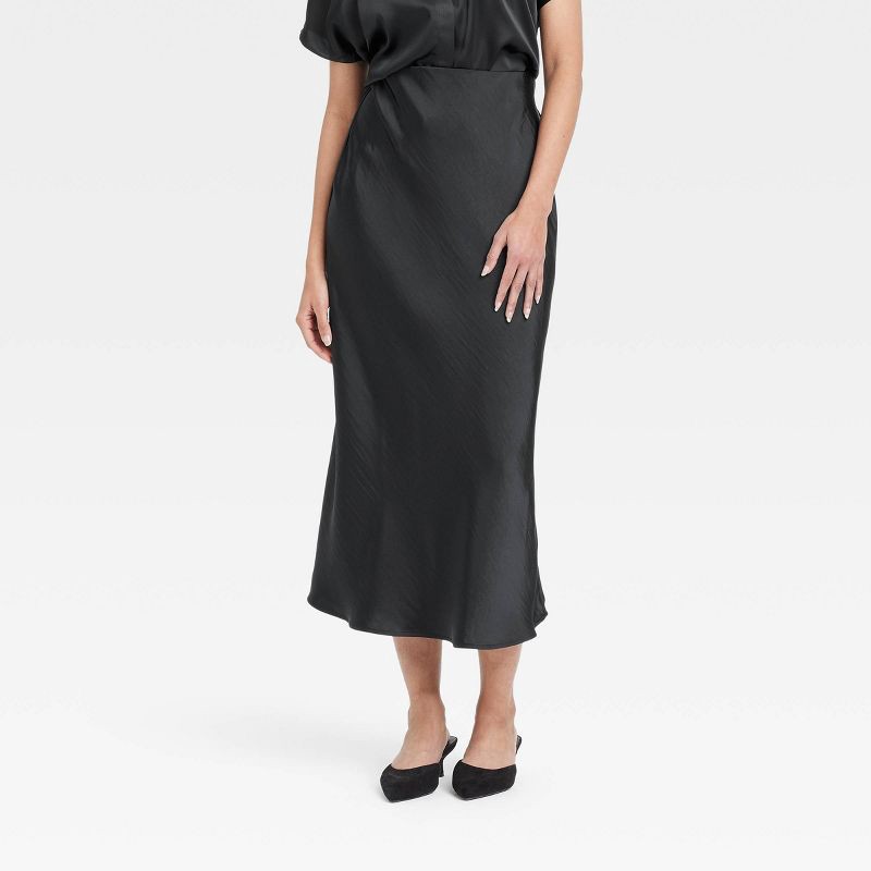 slide 1 of 3, Women's Midi A-Line Skirt - A New Day™ Black L: Satin, Slim Fit, Elastic Waistband, Pull-On, 36" Length, 1 ct