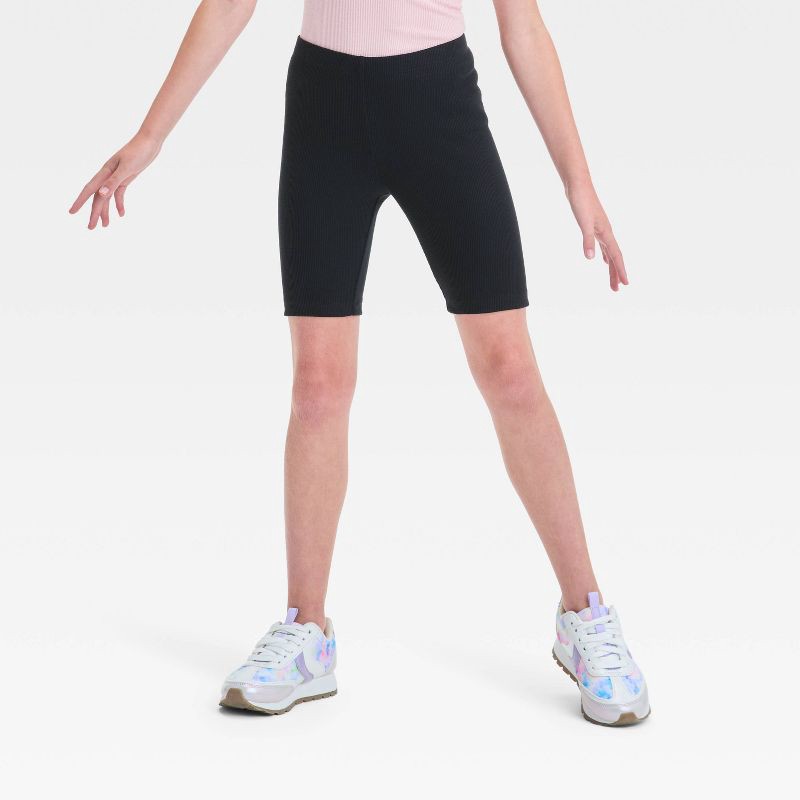 slide 1 of 3, Girls' Ribbed Bike Shorts - Cat & Jack™ Black M: Cotton Blend, Recycled Polyester, Spandex, Midweight, Pull-On Waist, 7" Inseam, 1 ct