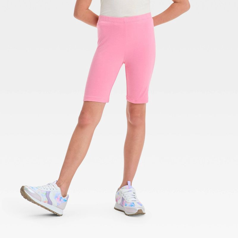slide 1 of 3, Girls' Bike Shorts - Cat & Jack™ Medium Pink L: Cotton Spandex Blend, Slim Fit, High Rise, Elastic Waistband, 7.5" Inseam, 1 ct