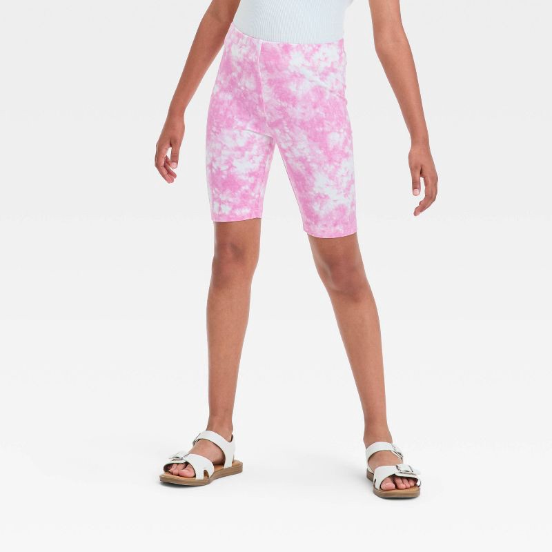 slide 1 of 3, Girls' 'Tie-Dye' Bike Shorts - Cat & Jack™ Mauve Purple XL: Cotton Spandex Blend, Slim Fit, High Rise, Elastic Waistband, 1 ct