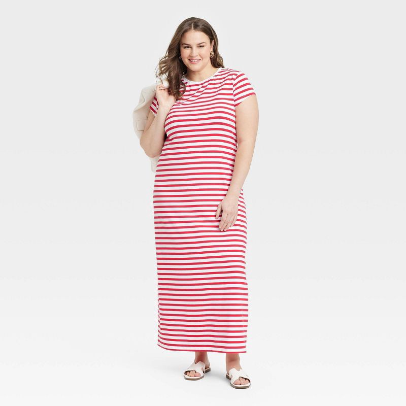 slide 3 of 3, Women's Short Sleeve Knit Maxi Dress - A New Day™ Red/White Striped XXL: Cotton Modal Spandex Blend, Crew Neck, 1 ct