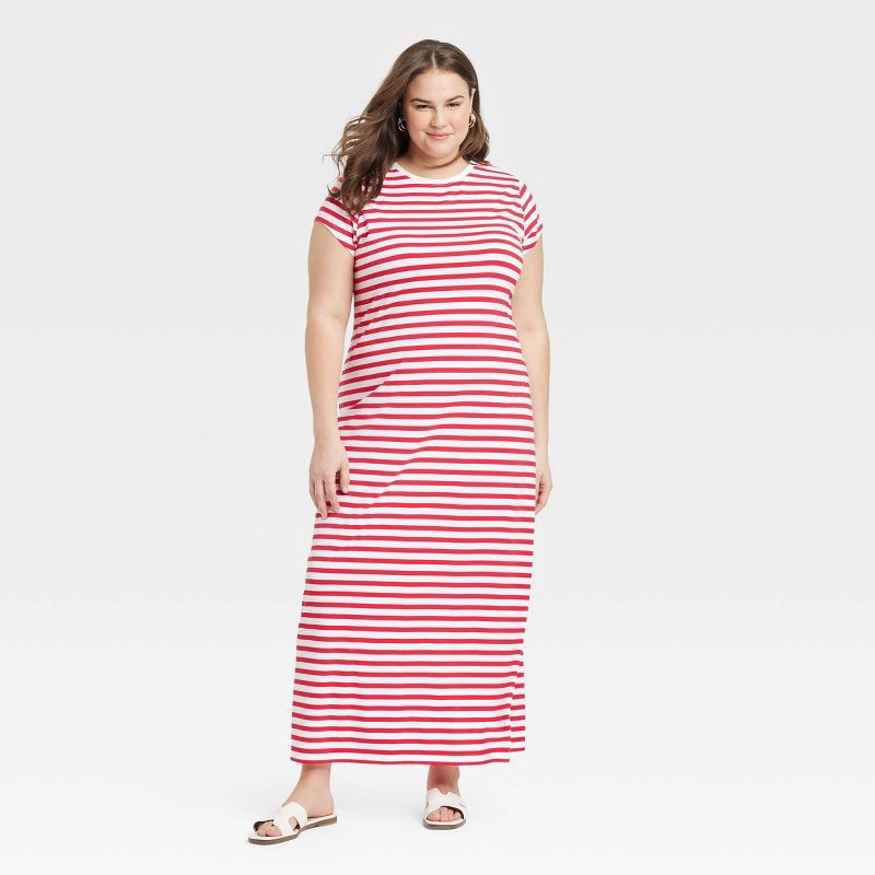 slide 1 of 3, Women's Short Sleeve Knit Maxi Dress - A New Day™ Red/White Striped XXL: Cotton Modal Spandex Blend, Crew Neck, 1 ct