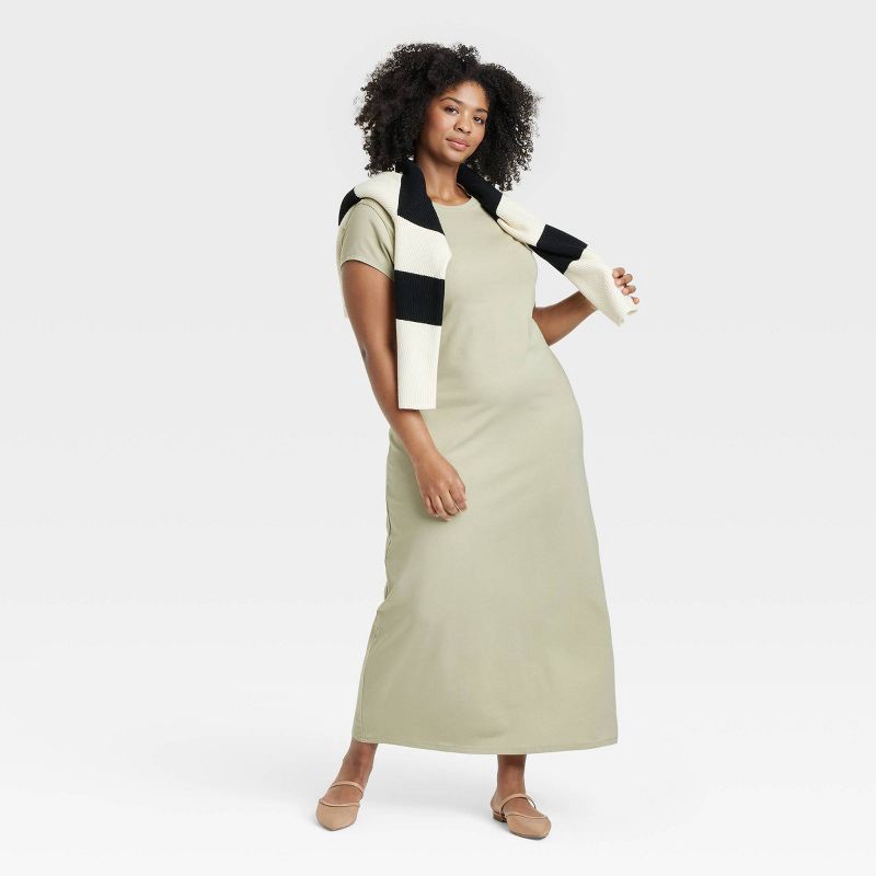 slide 3 of 3, Women's Short Sleeve Knit Maxi Dress - A New Day™ Olive XXL: Cotton Modal Blend, Crew Neck, Pullover Style, 1 ct