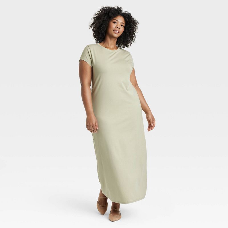 slide 1 of 3, Women's Short Sleeve Knit Maxi Dress - A New Day™ Olive XXL: Cotton Modal Blend, Crew Neck, Pullover Style, 1 ct