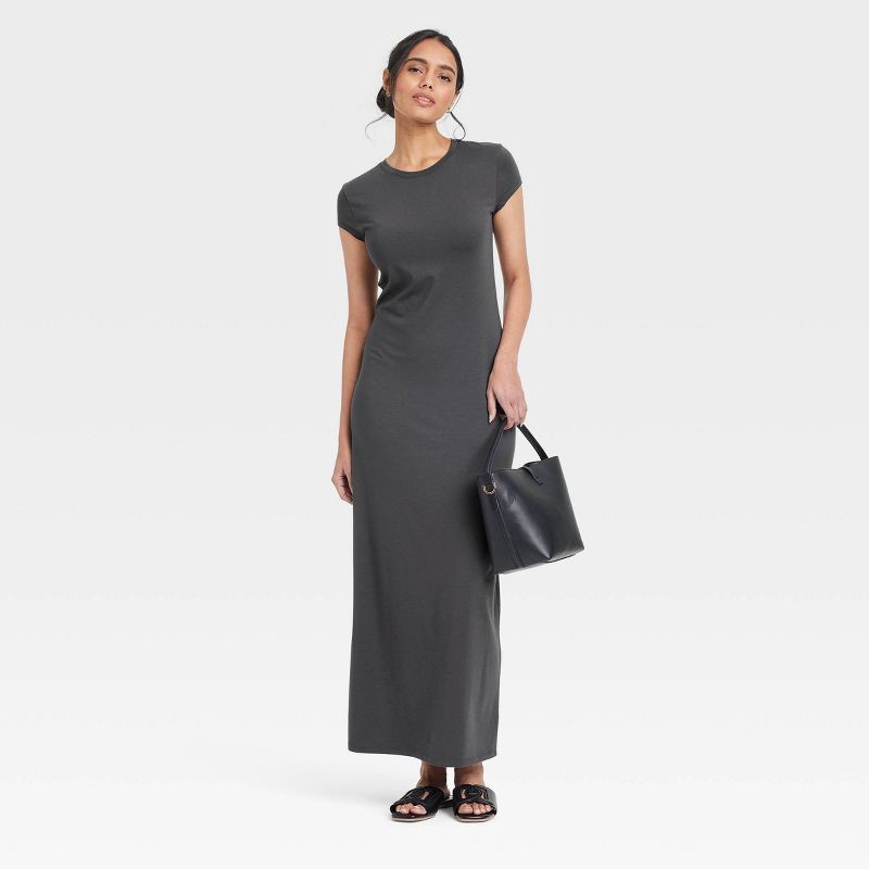slide 3 of 3, Women's Short Sleeve Knit Maxi Dress - A New Day™ Dark Gray S: Cotton Modal Spandex Blend, Crew Neck, Pullover, 1 ct
