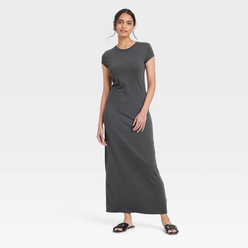 slide 1 of 3, Women's Short Sleeve Knit Maxi Dress - A New Day™ Dark Gray S: Cotton Modal Spandex Blend, Crew Neck, Pullover, 1 ct