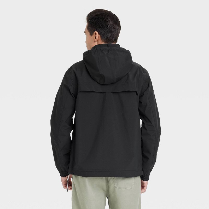 slide 2 of 3, Men's Hooded Rain Coat - Goodfellow & Co™ Black S: Lightweight Wind-Resistant Ripstop Fabric, Elastic Banded Cuffs, 1 ct