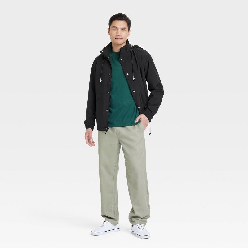 slide 3 of 3, Men's Hooded Rain Coat - Goodfellow & Co™ Black L: Lightweight Wind-Resistant Ripstop, Elastic Banded Cuffs, Machine Washable, 1 ct