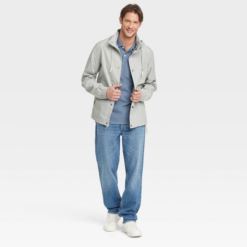 slide 3 of 3, Men's Hooded Rain Coat - Goodfellow & Co™ Gray XXL: Lightweight Wind-Resistant Ripstop Fabric, Elastic Banded Cuffs, Machine Washable, 1 ct