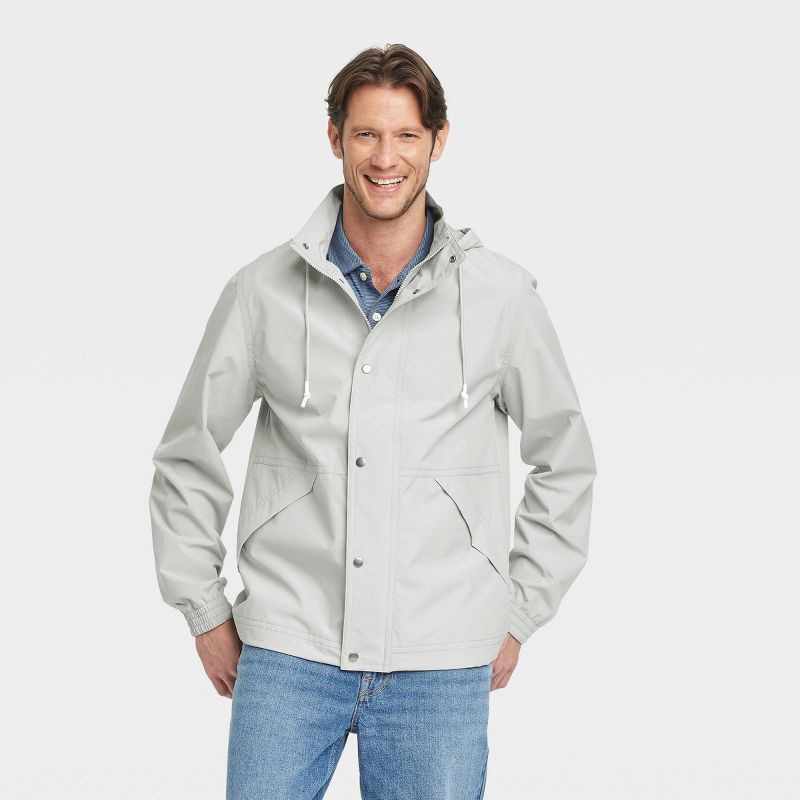 slide 1 of 3, Men's Hooded Rain Coat - Goodfellow & Co™ Gray XXL: Lightweight Wind-Resistant Ripstop Fabric, Elastic Banded Cuffs, Machine Washable, 1 ct