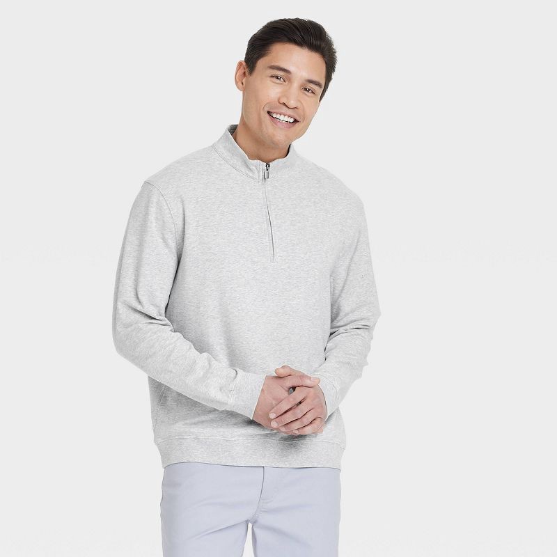 slide 1 of 3, Men's Comfort Wear 1/4 Zip Sweatshirt - Goodfellow & Co™ Heather Gray XL: Heavyweight French Terry, Turtle Neck, 1 ct