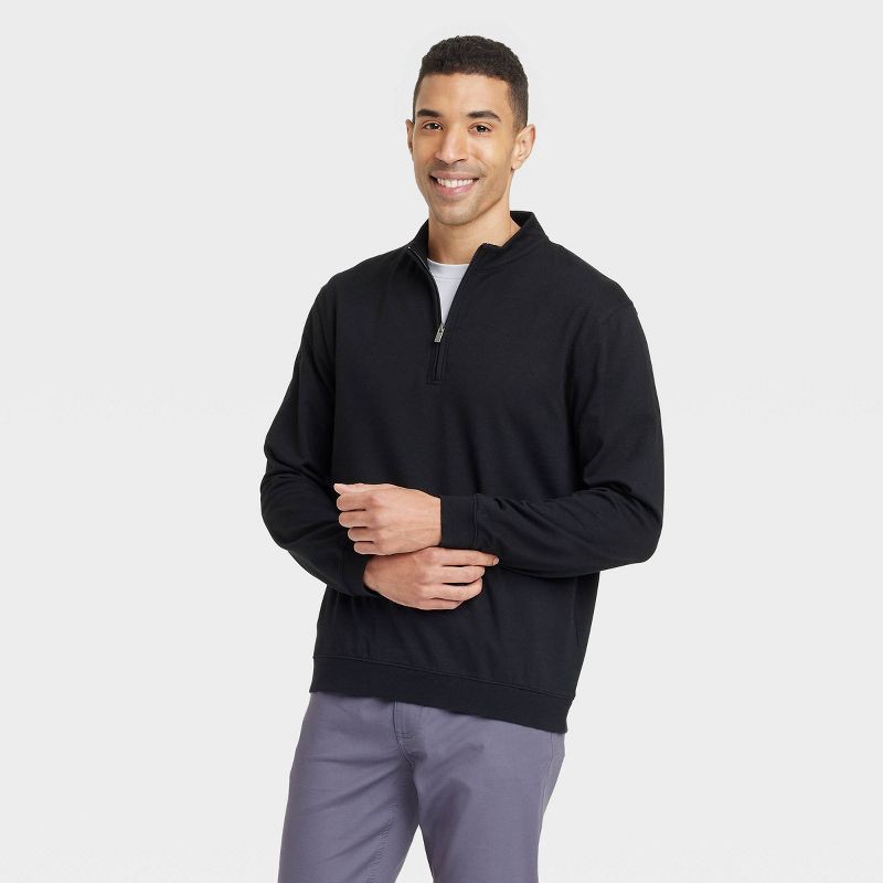 slide 1 of 3, Men's Comfort Wear 1/4 Zip Sweatshirt - Goodfellow & Co™ Black S: Heavyweight French Terry, Turtle Neck, 1 ct