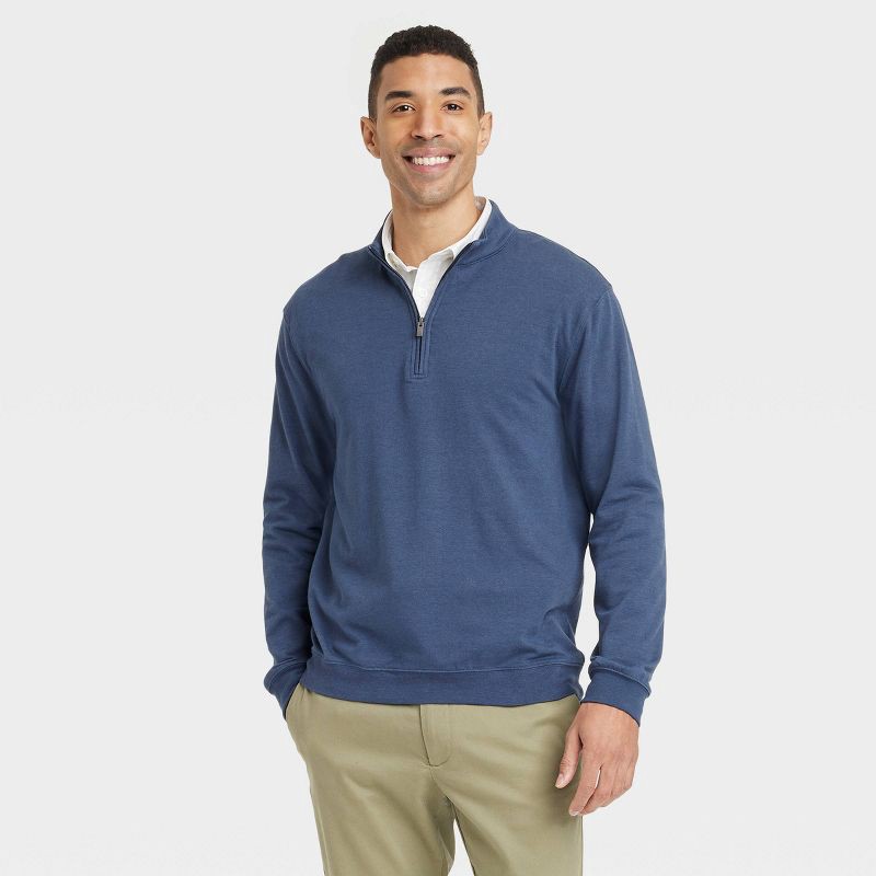 slide 1 of 3, Men's Comfort Wear 1/4 Zip Sweatshirt - Goodfellow & Co™ Navy Blue M: Heavyweight French Terry, Turtle Neck, 1 ct
