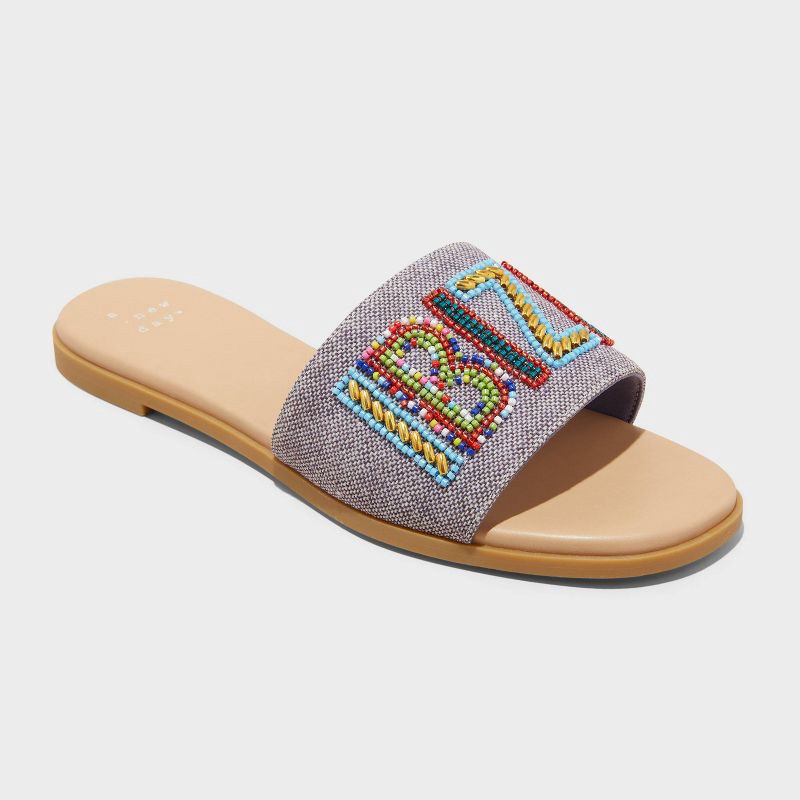 slide 1 of 4, Women's Nehemia Beaded Canvas Slide Sandals - A New Day™ Navy Blue 6: Slip-On, Open Toe, Block Heel, 1 ct