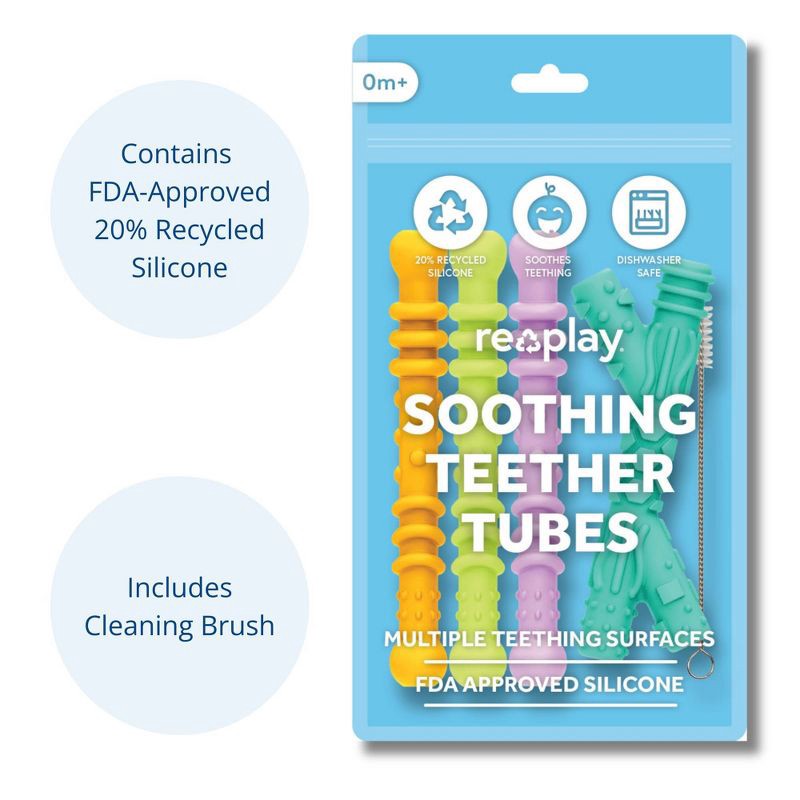 slide 3 of 7, Re-Play Assorted Teether Straws with Cleaning brush - 4pk, 4 ct