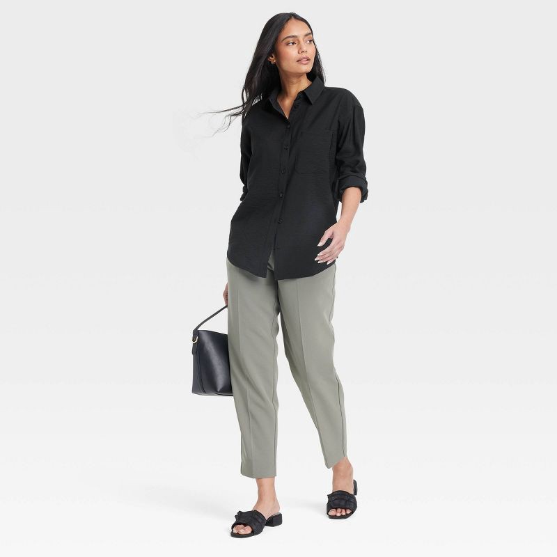 slide 3 of 3, Women's Oversized Long Sleeve Crinkle Button-Down Shirt - A New Day™ Black M: Lightweight Rayon Nylon Blend, Front Placket, 1 ct