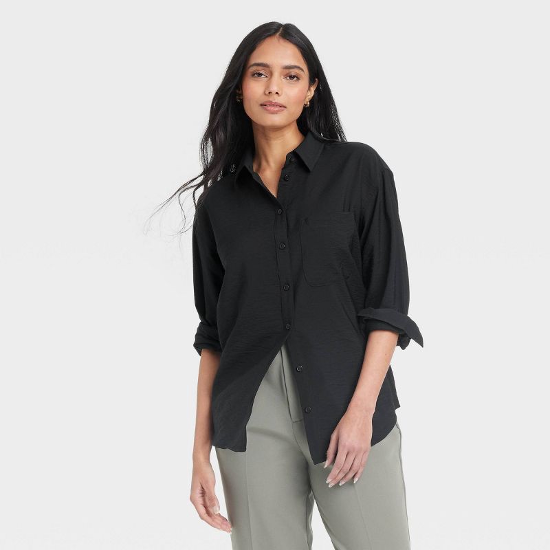 slide 1 of 3, Women's Oversized Long Sleeve Crinkle Button-Down Shirt - A New Day™ Black M: Lightweight Rayon Nylon Blend, Front Placket, 1 ct