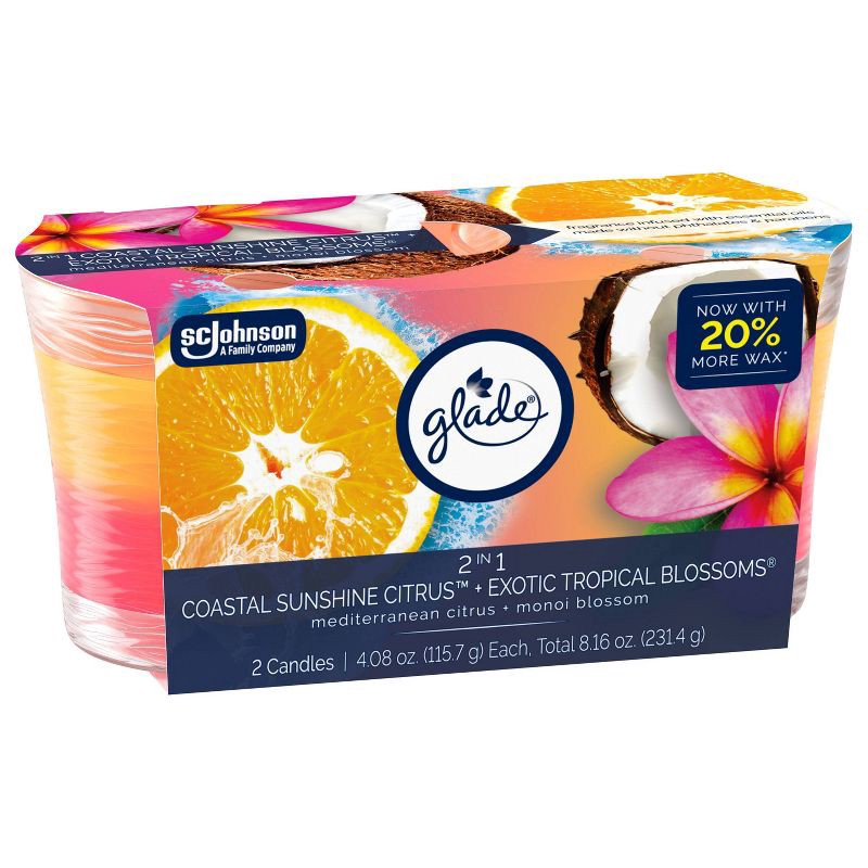 slide 12 of 14, Glade Scented Candles - Coastal Sunshine Citrus and Exotic Tropical Blossom - 4.08oz/2ct, 4.08 oz, 2 ct