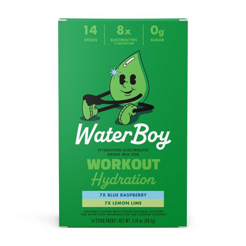 slide 3 of 5, Waterboy Workout Hydration Sports Drink Variety Pack - Blue Raspberry + Lemon Lime - 3.16oz/14ct, 3.16 oz, 14 ct