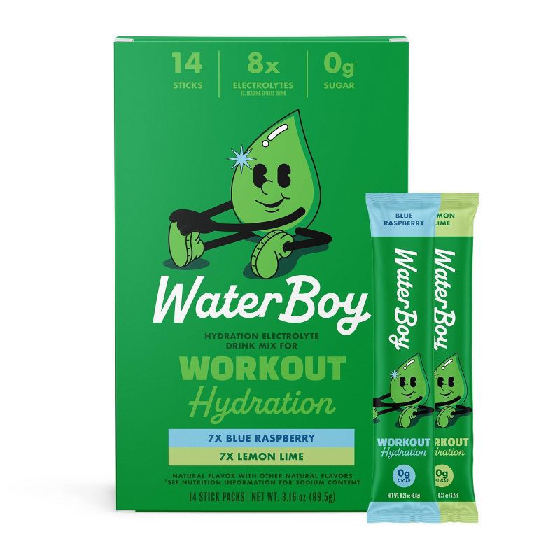 slide 1 of 5, Waterboy Workout Hydration Sports Drink Variety Pack - Blue Raspberry + Lemon Lime - 3.16oz/14ct, 3.16 oz, 14 ct