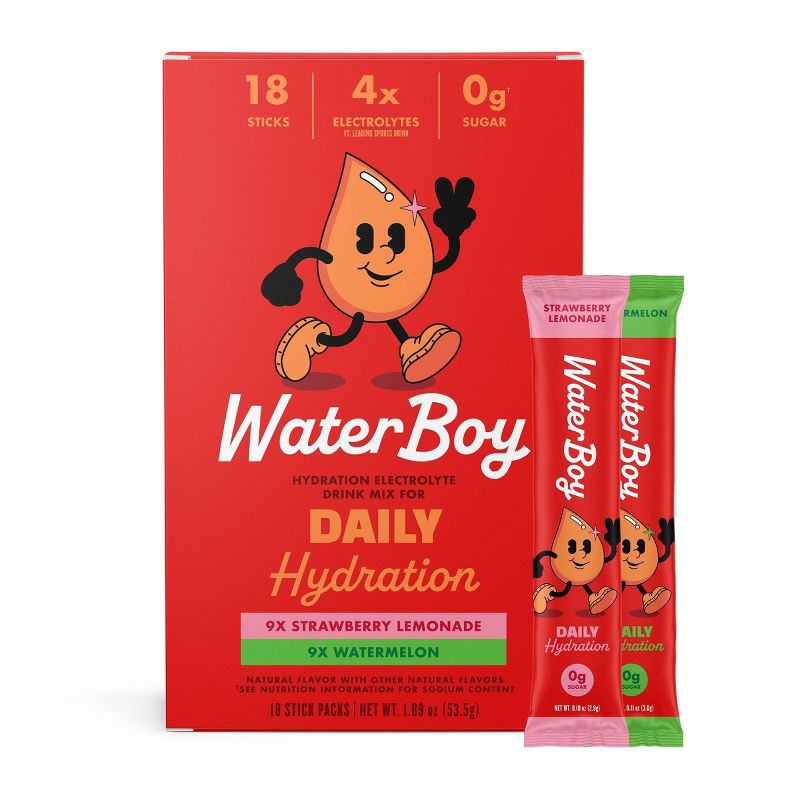 slide 1 of 5, Waterboy Daily Hydration Sports Drink Variety Pack - Strawberry Lemonade + Watermelon - 1.89oz/18ct, 1.89 oz, 18 ct