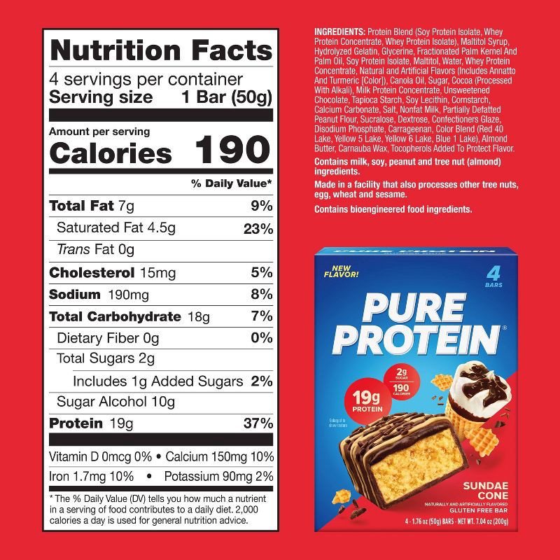 slide 4 of 5, Pure Protein Sundae Cone Whey Protein Bar - 19g Protein - 4ct, 19 gram, 4 ct