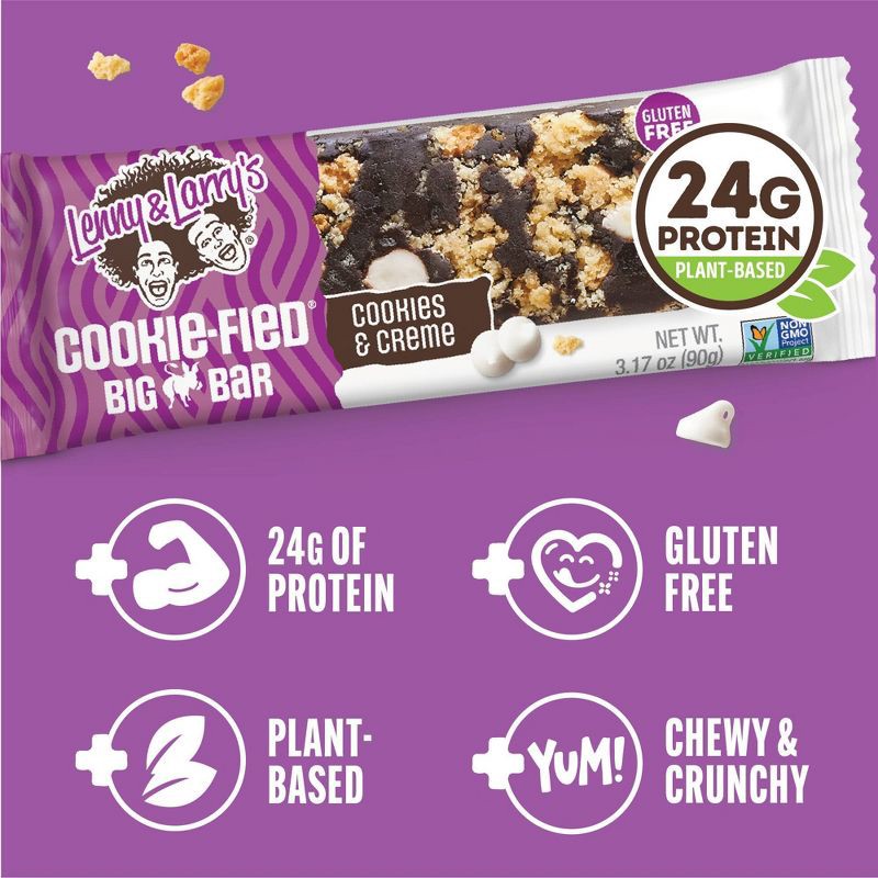 slide 4 of 7, Lenny & Larry's Cookie-fied Gluten Free Cookies & Creme Plant-Based Protein Bars - 24g Protein - 3.17oz/4ct, 24 gram, 3.17 oz, 4 ct