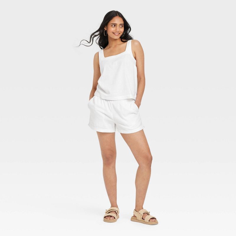 slide 3 of 3, Women's Mid-Rise Linen Pull-On Shorts - A New Day™ White L: Adjustable Waistband, Seam Pocket, Canvas Fabric, 1 ct