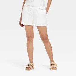 Women's Mid-Rise Linen Pull-On Shorts - A New Day™ White L: Adjustable Waistband, Seam Pocket, Canvas Fabric