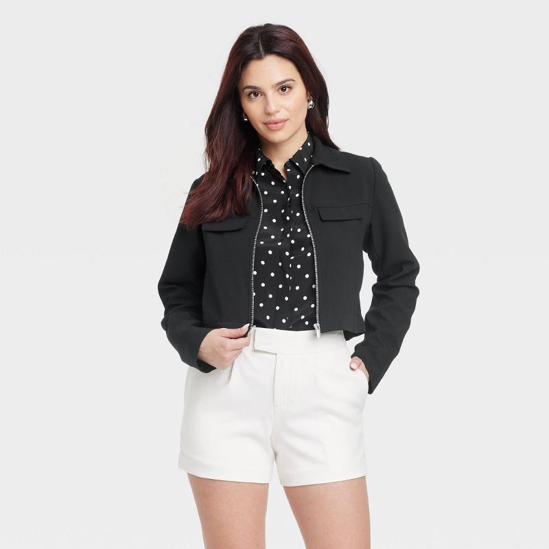 slide 1 of 3, Women's Zipper Jacket - A New Day™ Black XL: Recycled Polyester, Rayon, Spandex, Midweight, Cropped Moto Style, 1 ct