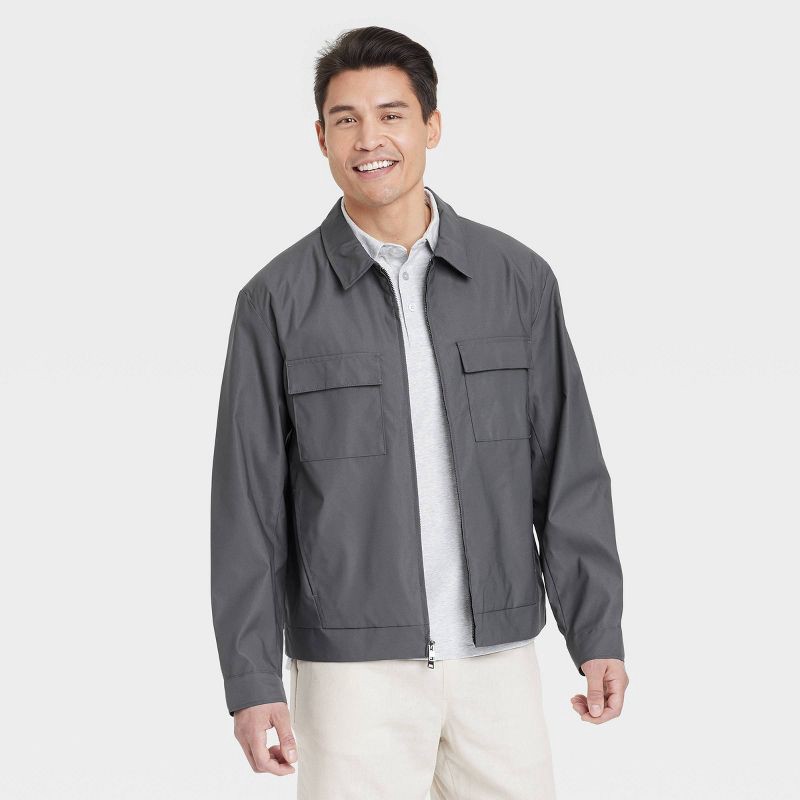 slide 1 of 3, Men's Utility Jacket - Goodfellow & Co™ Dark Gray XL: Lightweight Twill Bomber, Standard Fit, Flap Pockets, 1 ct