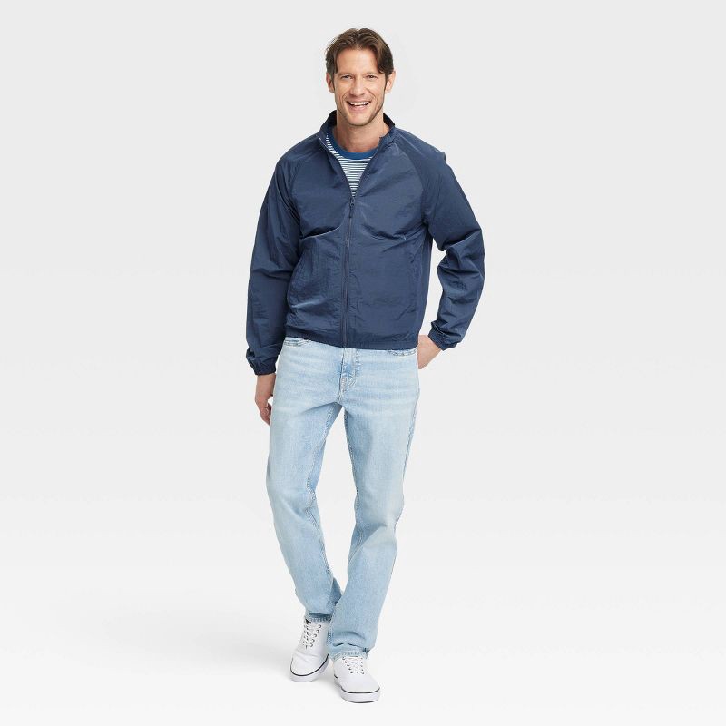 slide 3 of 3, Men's Windbreaker - Goodfellow & Co™ Navy Blue M: Lightweight, Wind-Resistant, Elastic Cuffs, Stand Collar, 1 ct