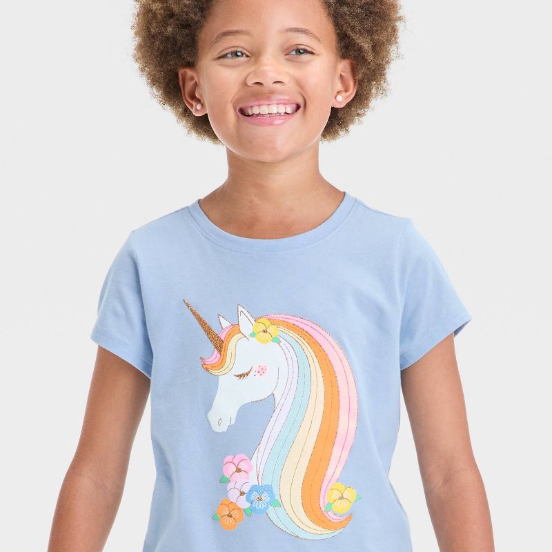 slide 2 of 4, Girls' Short Sleeve Unicorn Graphic T-Shirt - Cat & Jack™ Light Blue XS: Relaxed Fit, 1 ct