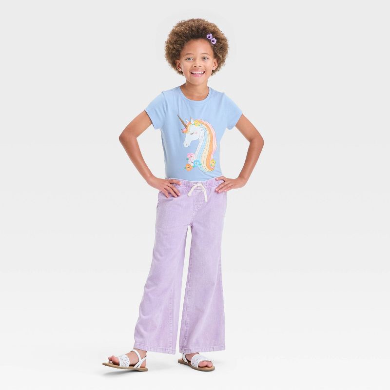 slide 4 of 4, Girls' Short Sleeve Unicorn Graphic T-Shirt - Cat & Jack™ Light Blue XS: Relaxed Fit, 1 ct