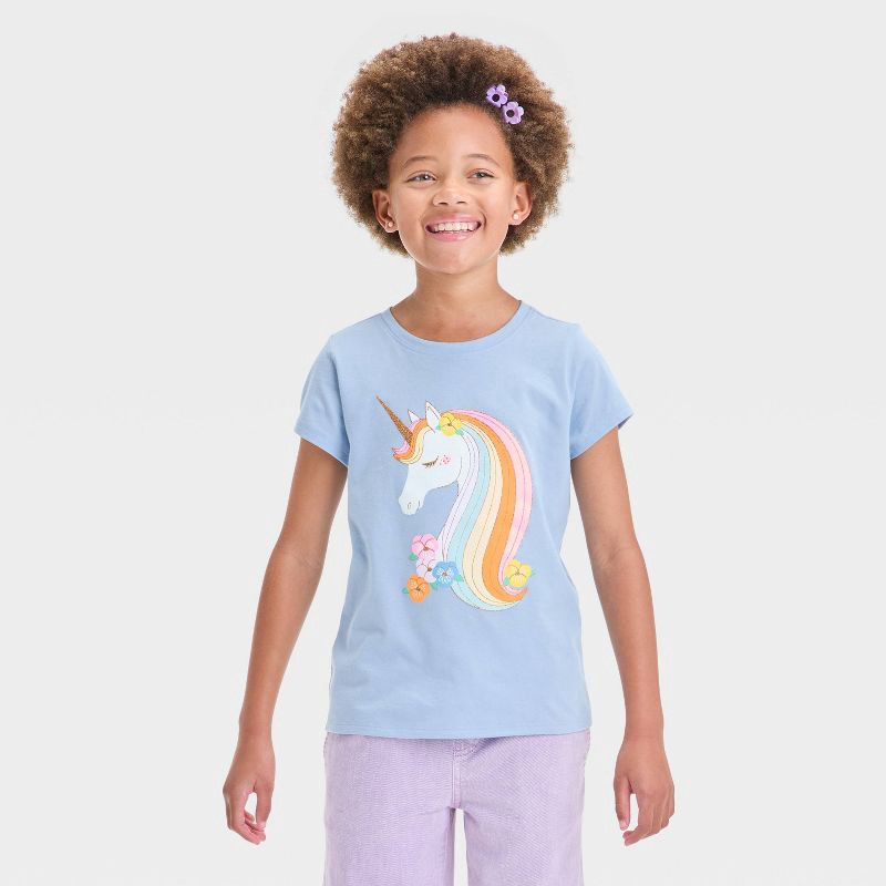 slide 1 of 4, Girls' Short Sleeve Unicorn Graphic T-Shirt - Cat & Jack™ Light Blue XS: Relaxed Fit, 1 ct