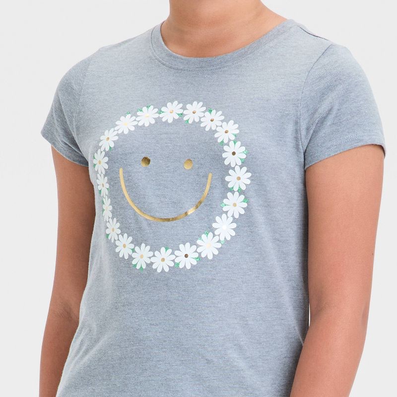 slide 2 of 4, Girls' Short Sleeve Floral Smiley Graphic T-Shirt - Cat & Jack™ Gray M: Crew Neck, Relaxed Fit, 1 ct