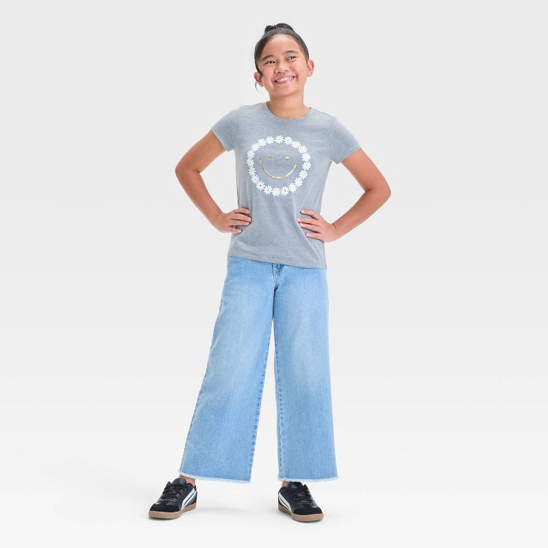 slide 4 of 4, Girls' Short Sleeve Floral Smiley Graphic T-Shirt - Cat & Jack™ Gray M: Crew Neck, Relaxed Fit, 1 ct