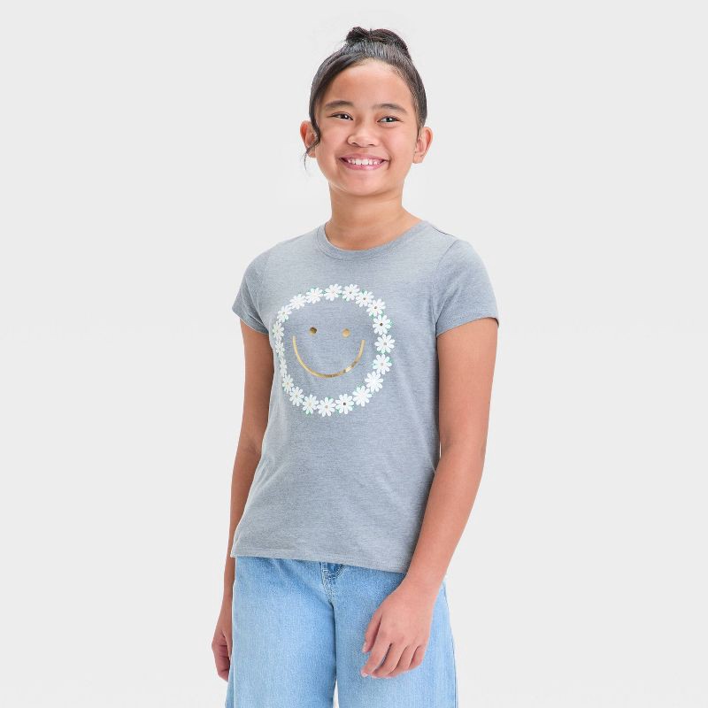 slide 1 of 4, Girls' Short Sleeve Floral Smiley Graphic T-Shirt - Cat & Jack™ Gray M: Crew Neck, Relaxed Fit, 1 ct
