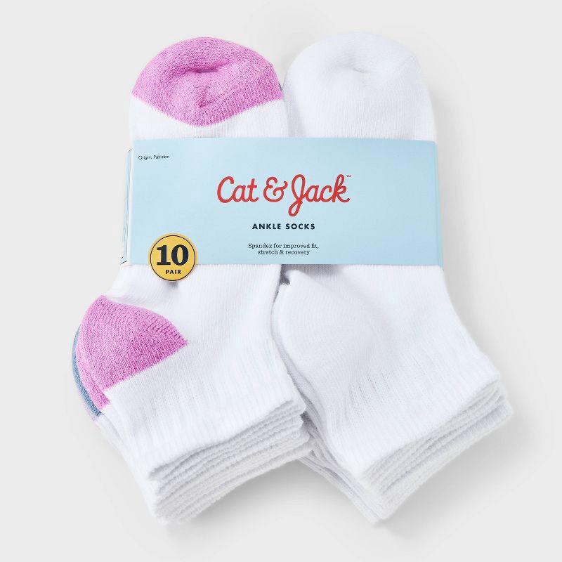 slide 2 of 3, Girls' 10pk Ankle Socks - Cat & Jack™ White S: Cushioned Heel & Toe, Knit, Midweight Fabric, 10 ct