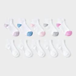 Girls' 10pk Ankle Socks - Cat & Jack™ White L: Cushioned Heel & Toe, Knit Midweight Fabric