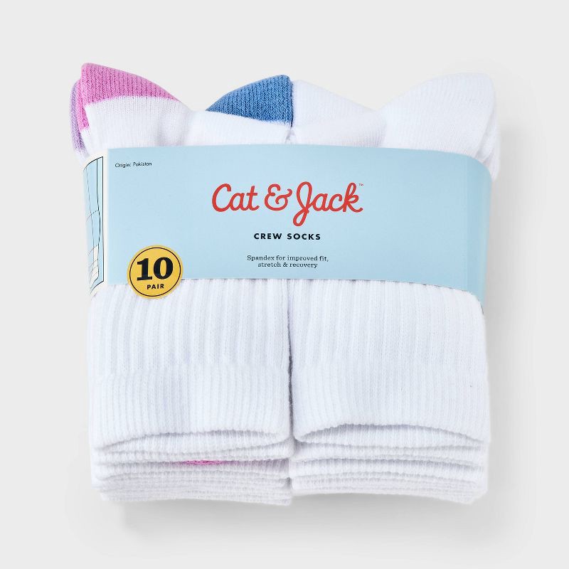 slide 2 of 3, Girls' 10pk Crew Socks - Cat & Jack™ White S: Cushioned Heel, Knit, Midweight, Small, 10 ct