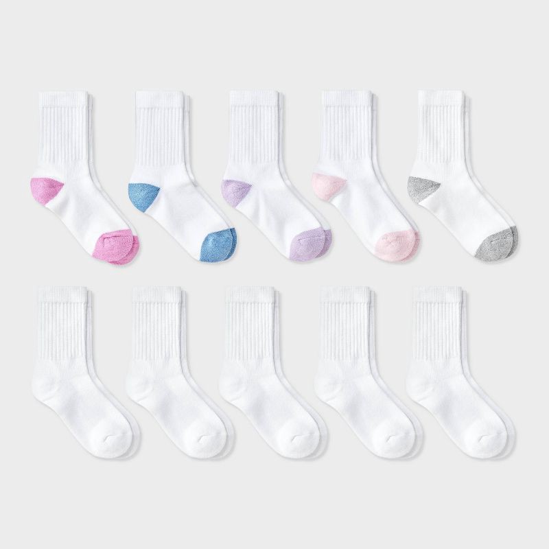 slide 1 of 3, Girls' 10pk Crew Socks - Cat & Jack™ White L, 10 ct