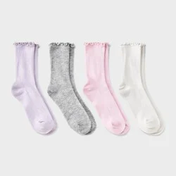 Girls' 4pk Ribbed Crew Socks - Cat & Jack™ White/Pink M: Recycled Polyester, Knit, Midweight Fabric