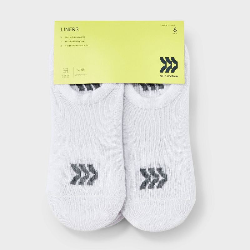 slide 2 of 3, Kids' 6pk Liner Socks - All In Motion™ White M: Recycled Polyester, Flat Seams, Knit, Tumble Dry, 6 ct