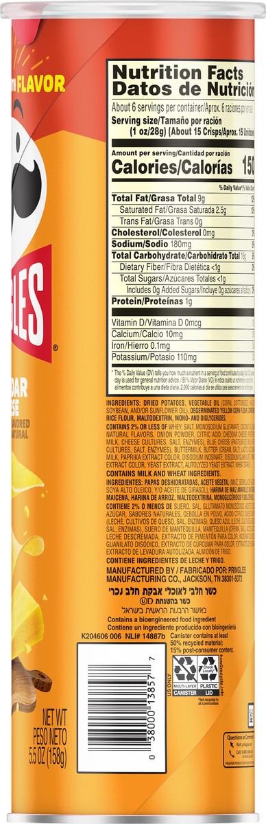 slide 4 of 8, Pringles Potato Crisps Chips, Lunch Snacks, On-the-Go Snacks, Cheddar Cheese, 5.5oz Can, 1 Can, 5.5 oz