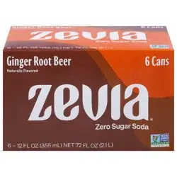 Zevia Zero Sugar Ginger Root Beer Soda 6 - 12 fl oz Cans