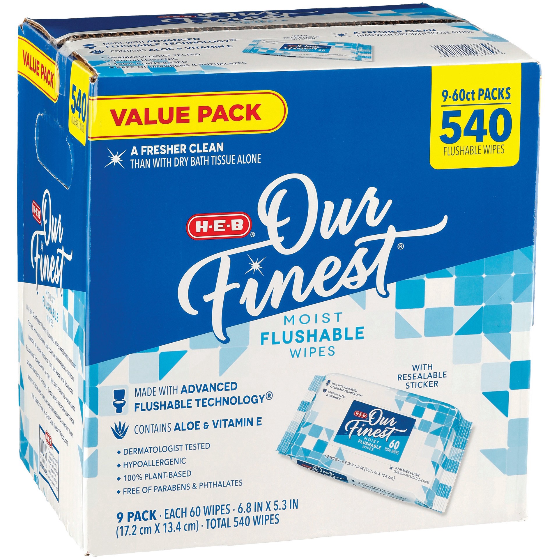 slide 1 of 1, H-E-B Our Finest Flushable Wipes Value Pack, 540 ct