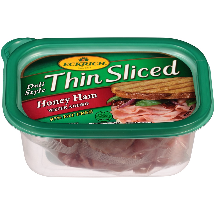 slide 1 of 8, Eckrich Deli Style Thin Sliced Honey Ham Water Added, 7 oz