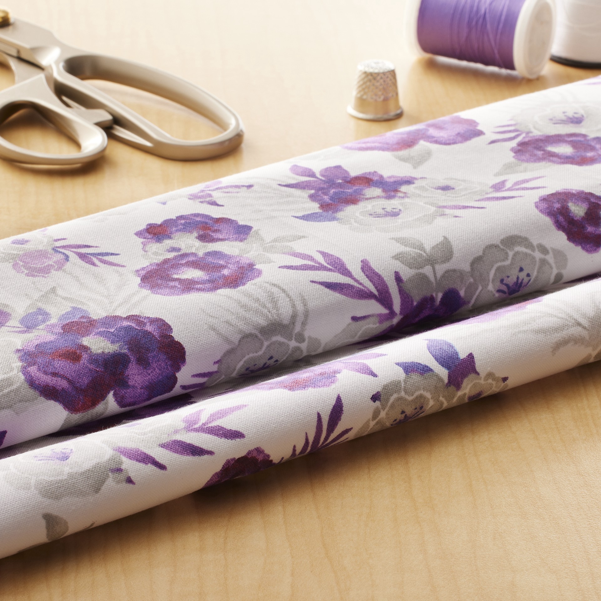 slide 2 of 3, Purple & Gray Floral Cotton Fabric By Loops & Threads, 18 in x 21 in