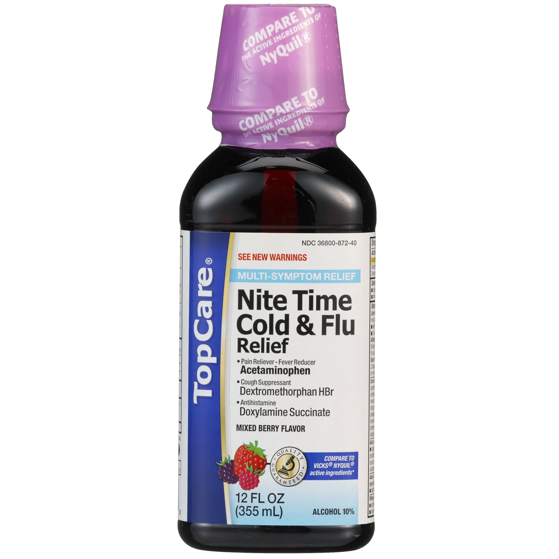 slide 1 of 6, TopCare Nite Time Cold Flu Relief Mixed Berry Flavor, 12 fl oz